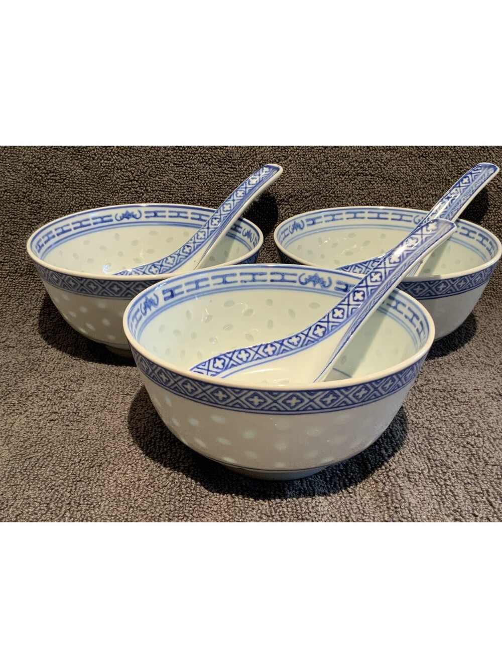 Chinese Translucent Rice Grain Porcelain 8oz. Bowl and Spoon - Set of Three